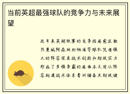 当前英超最强球队的竞争力与未来展望