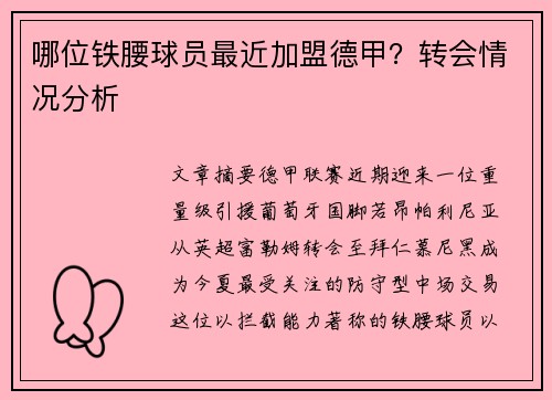 哪位铁腰球员最近加盟德甲？转会情况分析
